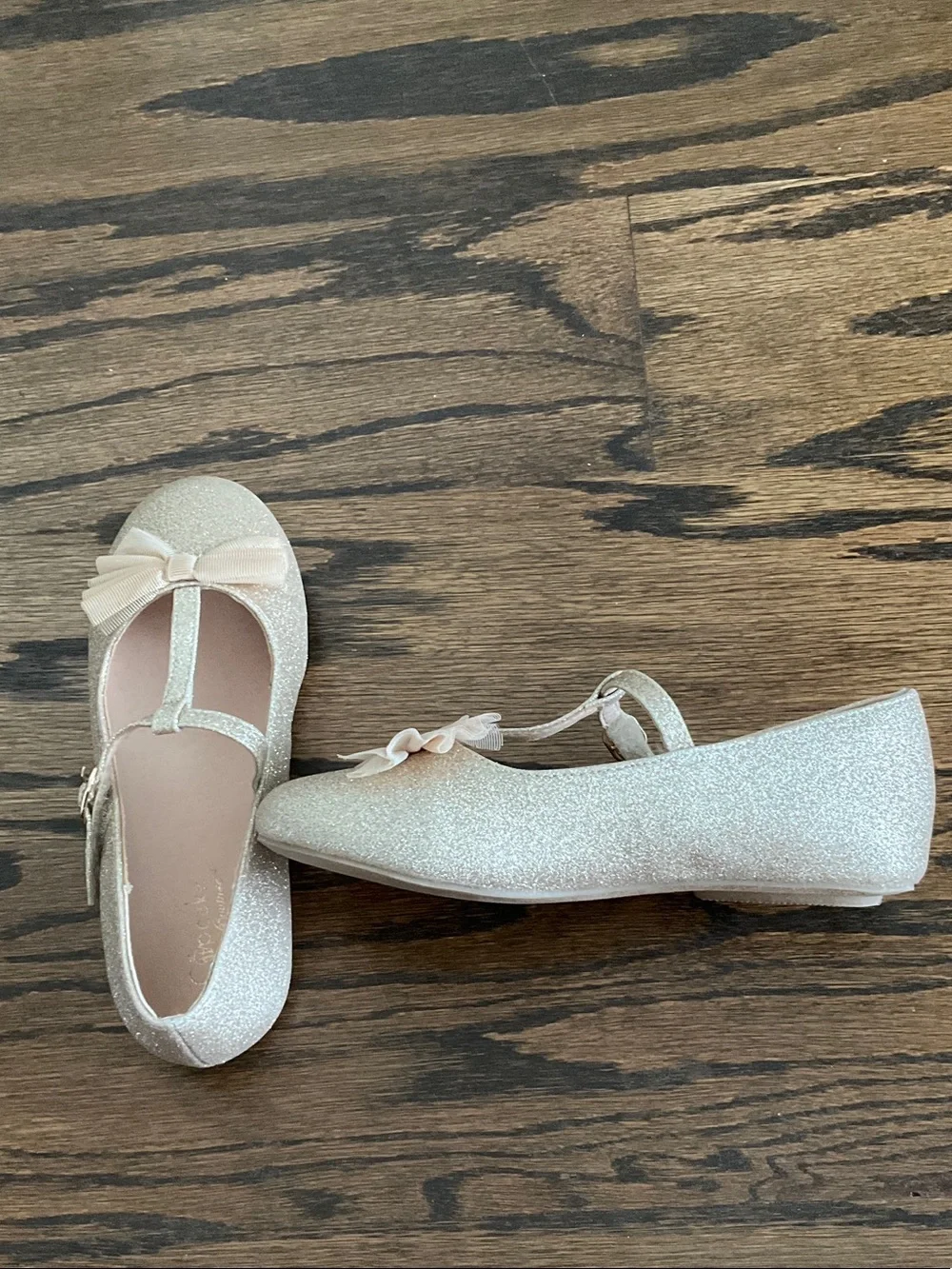 Girls Glitter Gold T-Strap Dress Shoes with Bow